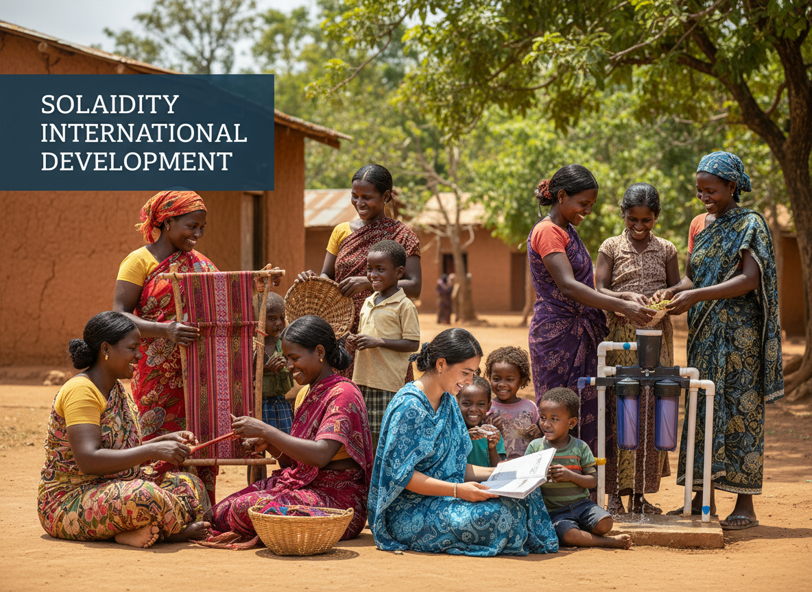 Photographie documentaire authentique et positive, lumineuse et élégante, représentant une communauté composée de femmes et d’enfants en action dans un contexte de solidarité et de développement international. Expressions naturelles, dignité, espoir, entraide et participation communautaire. Composition horizontale large adaptée à une bannière de site web, espace visuel équilibré pour permettre la lisibilité d’un titre en surimpression, palette chaleureuse et naturelle, rendu professionnel, humain et non misérabiliste. Aucun texte ni logo dans l’image.