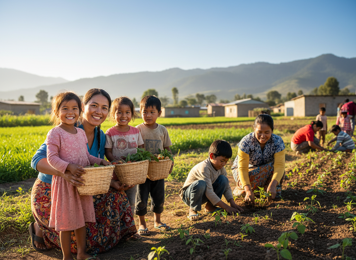Photographie documentaire authentique, positive et lumineuse d’une femme et d’enfants dans une communauté en action, avec une relation naturelle, dignité, entraide et espoir. Contexte de solidarité et de développement international, sans misérabilisme, rendu humain et professionnel, couleurs naturelles avec une lumière chaleureuse. Composition horizontale élégante adaptée à une section web en deux colonnes. Aucun texte ni logo dans l’image.